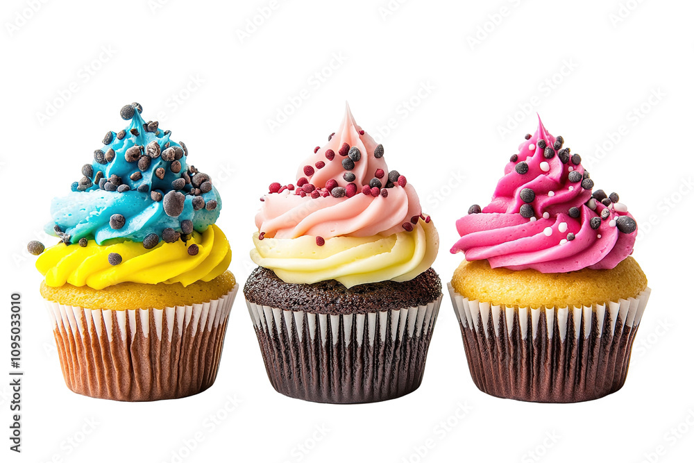 Three cupcakes with blueberries and raspberries on top. on transparent background. Three cupcakes with blueberries and raspberries on top. on transparent background.