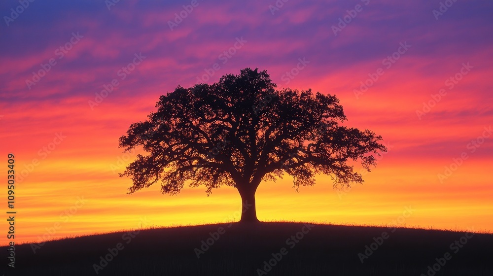 Majestic Oak Tree Silhouetted Against Vibrant Sunset Sky Majestic Oak Tree Silhouetted Against Vibrant Sunset Sky