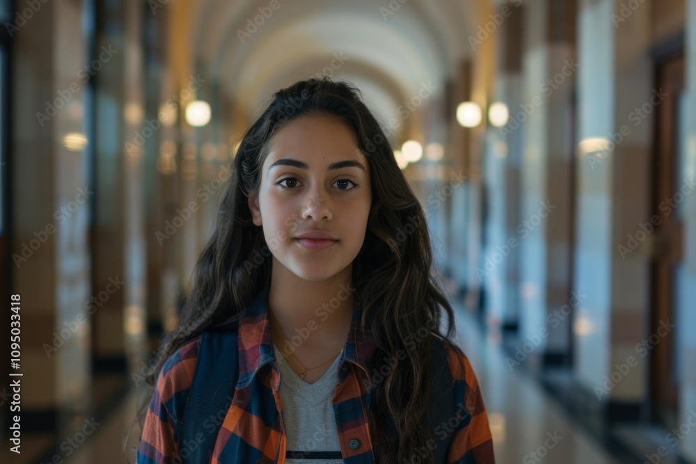 Confident Hispanic female high school student standing in hallway Confident Hispanic female high school student standing in hallway