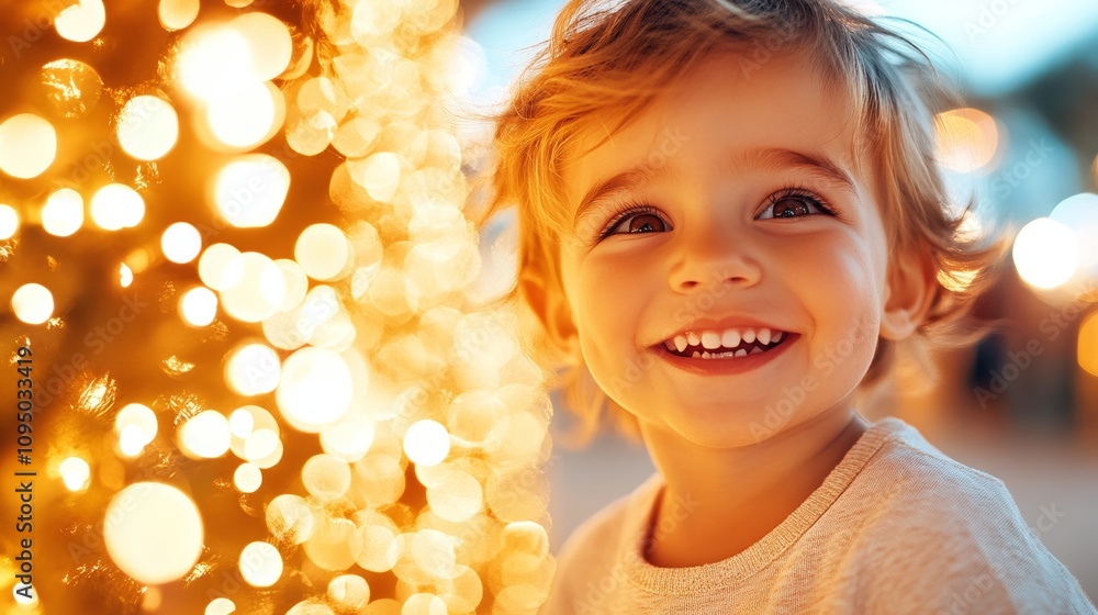 Fototapeta premium A young toddler with blonde hair smiles brightly, illuminated by warm, golden bokeh lights. Pure joy captured in a festive setting.