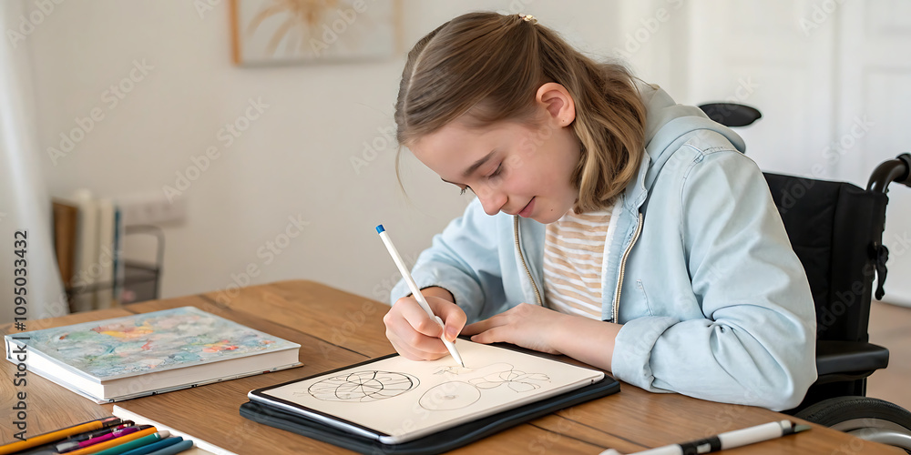 A teen with cerebral palsy sketching abstract shapes using an adaptive drawing device. Crated With Generative AI