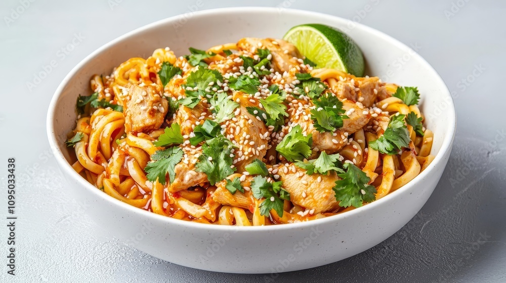 butter chicken noodle concept. A delicious bowl of noodles topped with chicken, sesame seeds, fresh cilantro, and a wedge of lime, offering a vibrant and flavorful meal. butter chicken noodle concept. A delicious bowl of noodles topped with chicken, sesame seeds, fresh cilantro, and a wedge of lime, offering a vibrant and flavorful meal.