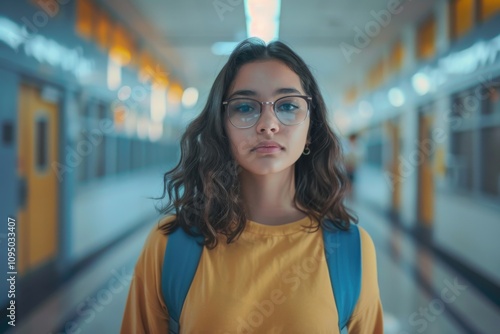 Confident Hispanic female high school student standing in hallway photo