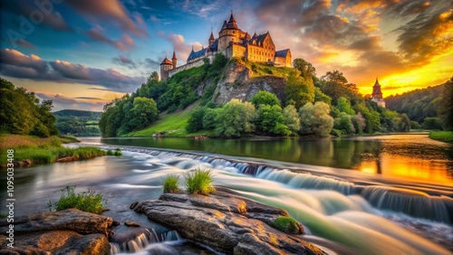 Majestic Castle Overlooking a Serene River at Dusk, Captured in Stunning Macro Detail, Showcasing Nature's Beauty and Architectural Grandeur in a Peaceful Landscape