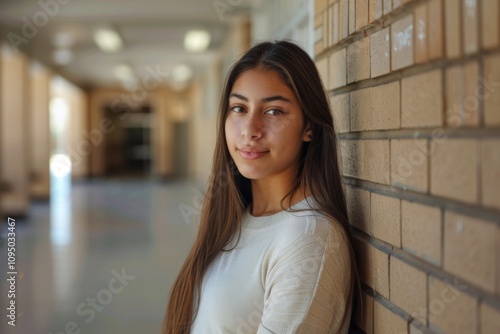 Confident Hispanic female high school student standing in hallway photo