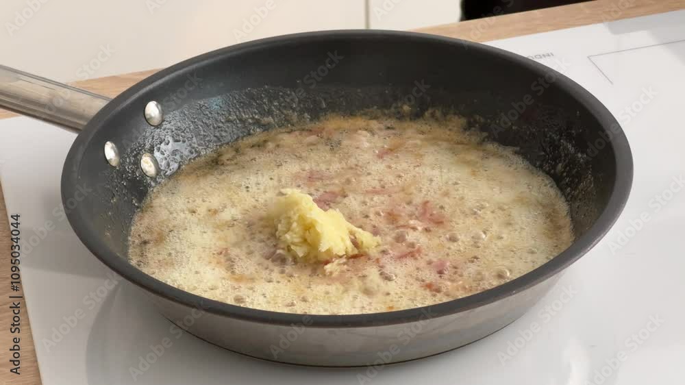 cook housekeeper puts grated garlic in melted butter with bacon on hot pan in kitchen. process of making homemade meal, cooking at home, food closeup cook housekeeper puts grated garlic in melted butter with bacon on hot pan in kitchen. process of making homemade meal, cooking at home, food closeup