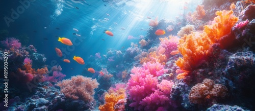 A vibrant underwater scene with colorful coral reefs and fish swimming in the clear blue water. Sunlight streams down from above, illuminating the scene.