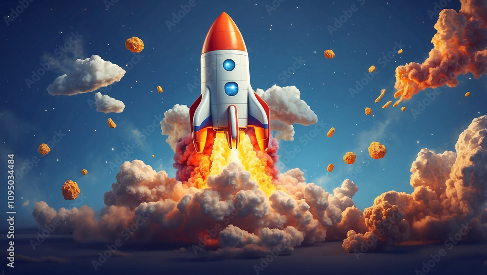 Cartoon Rocket Ship Taking Off with Fire Cartoon Rocket Ship Taking Off with Fire