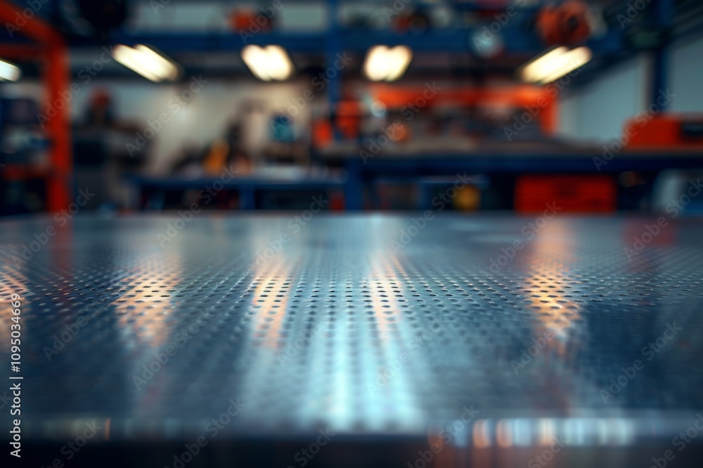 Metal blank tabletop with blurred automotive tools