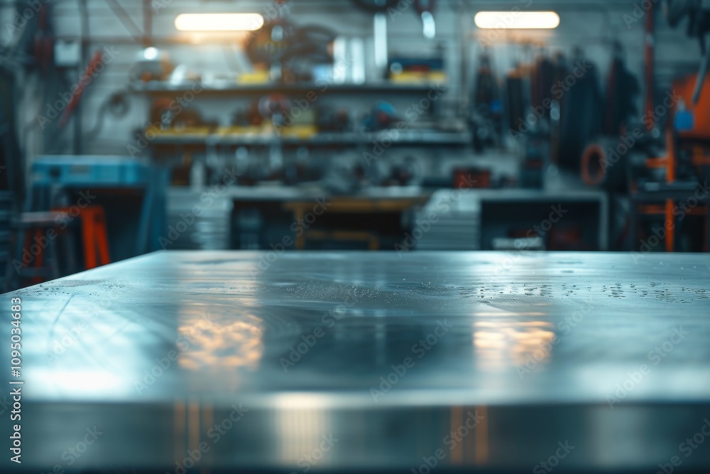 Metal blank tabletop with blurred automotive tools Metal blank tabletop with blurred automotive tools