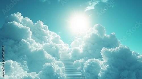 Ethereal Staircase Ascending Through Clouds Under Bright Sunlight in a Conceptual Twilight Scene