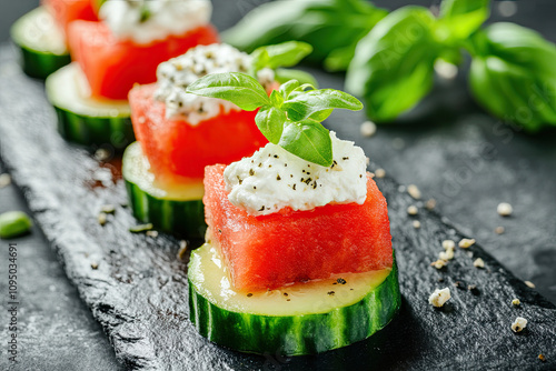 Summer appetizer concept - watermelon, goat cheese, and cucumber. Elegance summer buffet photo