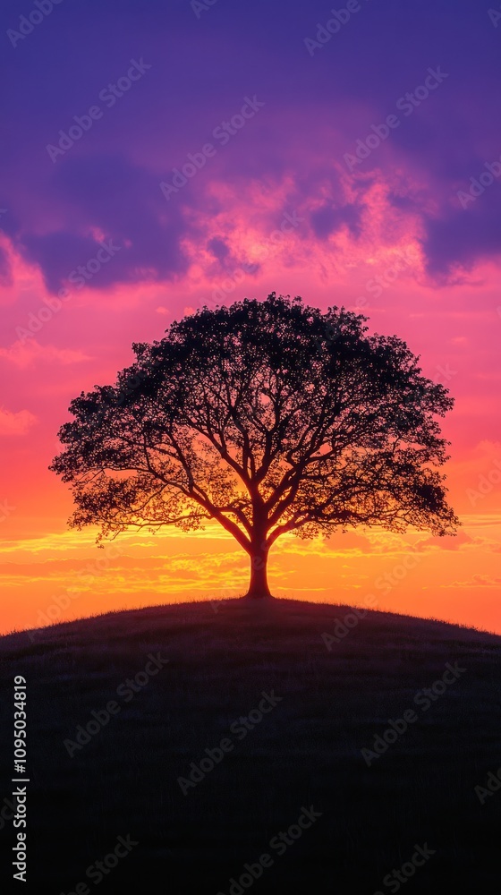 Solitary Tree Silhouetted Against Vibrant Sunset Sky Solitary Tree Silhouetted Against Vibrant Sunset Sky
