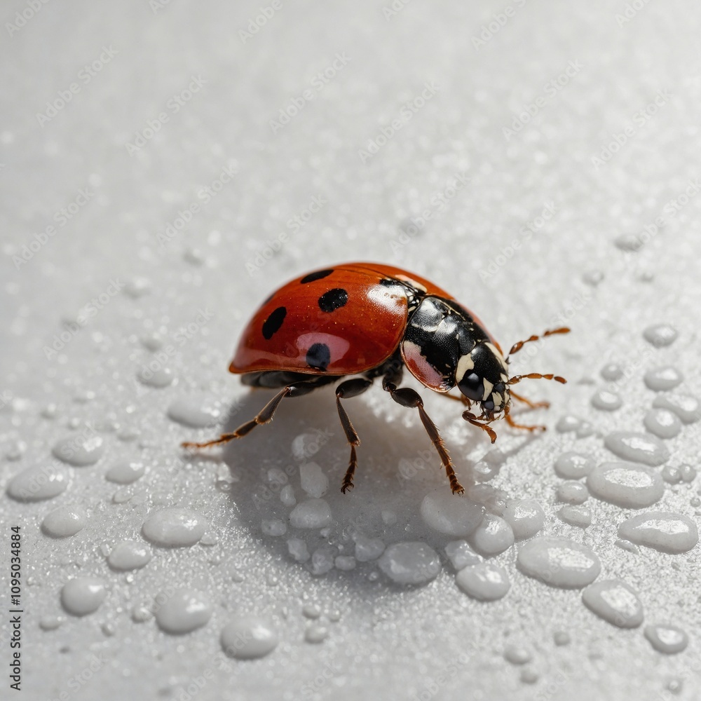 Fototapeta premium A ladybug crawling on a clean, white surface.