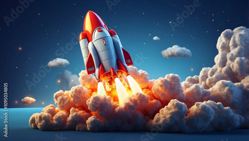 Fototapeta Naklejka Na Ścianę i Meble -  Cartoon Rocket Ship Taking Off with Fire