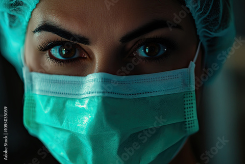 Plus-size doctor in a mask, focused on a medical procedure photo