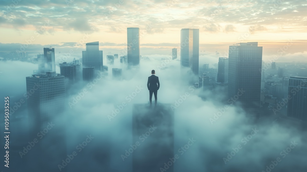 Dramatic Skyline View of City Skyscrapers with a Figure Standing Amidst Fog and Clouds at Sunrise, Capturing an Aerial Perspective of Urban Landscape Dramatic Skyline View of City Skyscrapers with a Figure Standing Amidst Fog and Clouds at Sunrise, Capturing an Aerial Perspective of Urban Landscape