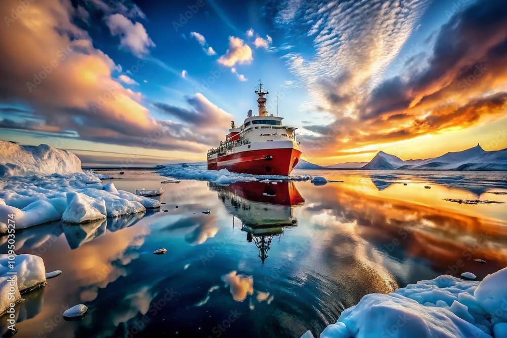 Obraz premium Majestic Icebreaker Ships Navigating Through Arctic Waters Surrounded by Glacial Landscapes and Dramatic Skies for Stunning Architectural Photography