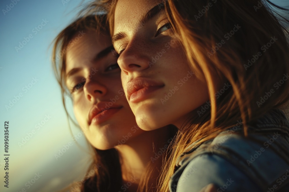 Two young women standing side by side, possibly friends or family Two young women standing side by side, possibly friends or family