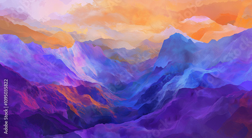 Paisagem de montanha 3D abstrata com tons de roxo, azul e laranja