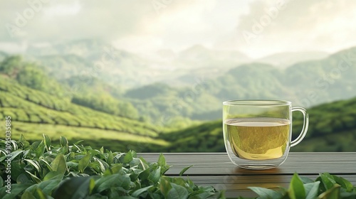 Wallpaper Mural Green tea in glass cup, tea plantation with copy space, high detailed upscale image. Torontodigital.ca