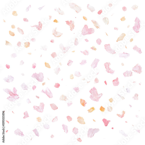 Soft pink and peach petals scattered on a black background.  A delicate and romantic image.
