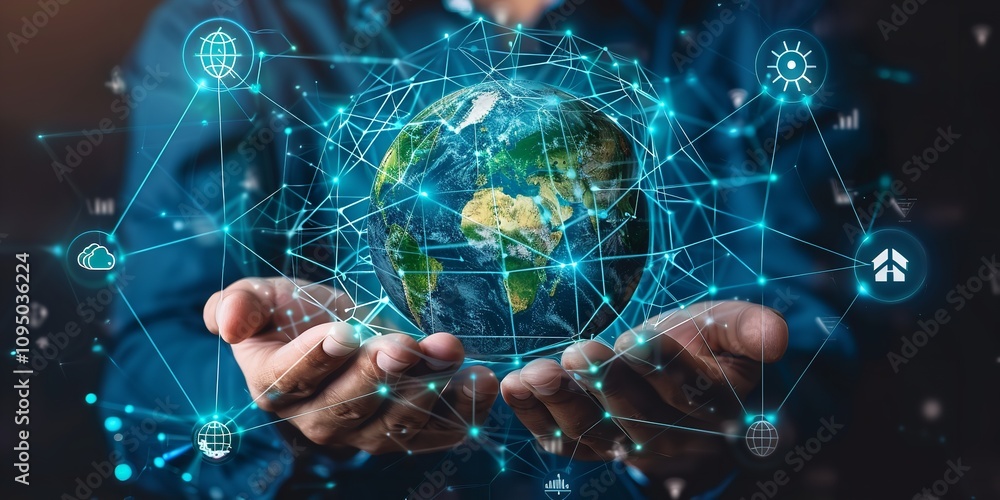 An unrecognized entrepreneur is seen holding an earth with a dark technology background and the idea of a global network connection, Generative AI. An unrecognized entrepreneur is seen holding an earth with a dark technology background and the idea of a global network connection, Generative AI.