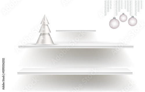 The interior of an empty room with a Christmas tree and shelves on the wall.
Free space for copying, 3d image.