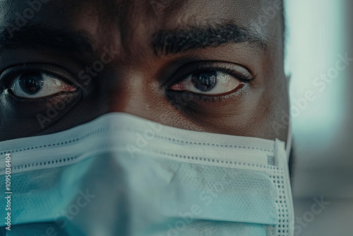 Plus-size doctor in a mask, focused on a medical procedure photo