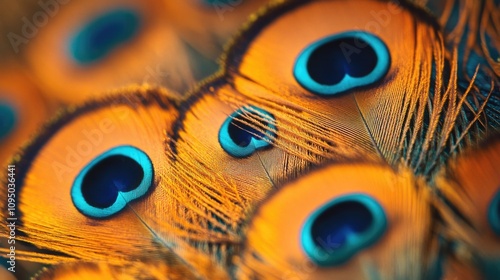 A collection of colorful peacock feathers with blue eyes