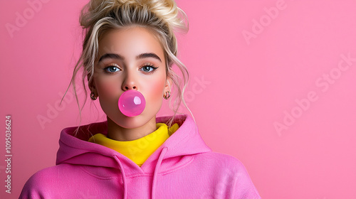 A stylish young woman with blonde hair blows a pink bubblegum bubble, wearing a bright pink hoodie against a vibrant pink background.