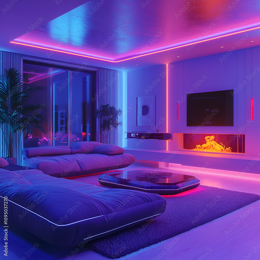 Modern neon living room design urban apartment interior photography futuristic aesthetics wide angle harmony of light and space Modern neon living room design urban apartment interior photography futuristic aesthetics wide angle harmony of light and space