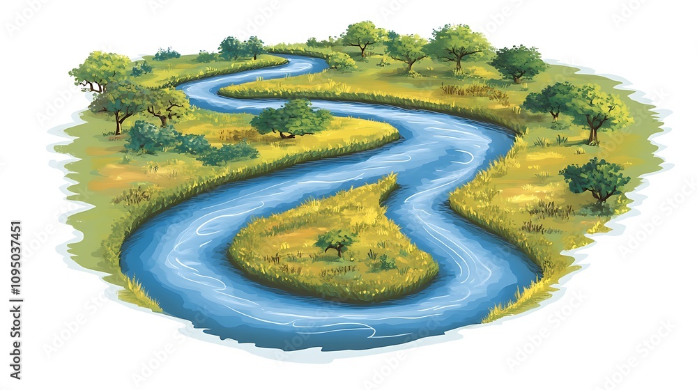 A childlike cartoon depiction of a river twisting through a landscape of trees and rounded hills A childlike cartoon depiction of a river twisting through a landscape of trees and rounded hills