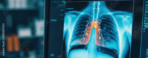 Artificial intelligence in medical detection. X ray image of human lungs highlighting respiratory pathways and structures. detailed view showcases intricate network of bronchi and blood vessels. photo