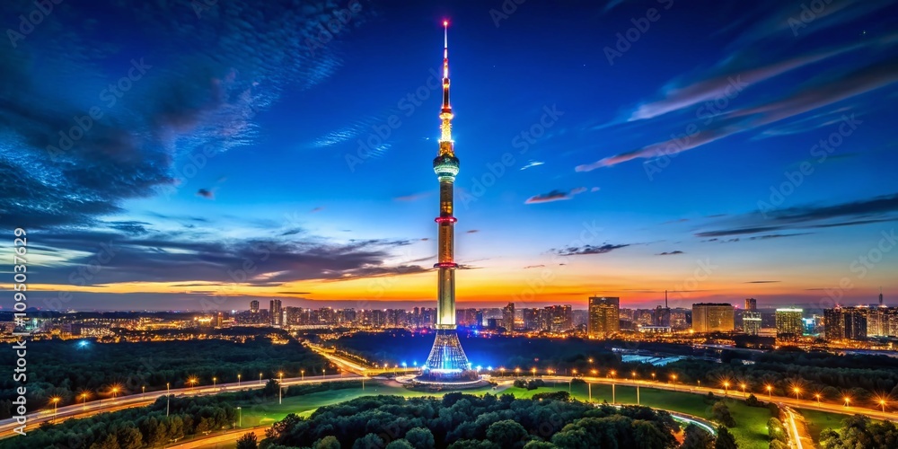 Fototapeta premium Majestic Ostankino Tower Illuminated at Night: A Stunning Low Light Photography Capture of Moscow's Iconic Landmark Against a Starry Sky