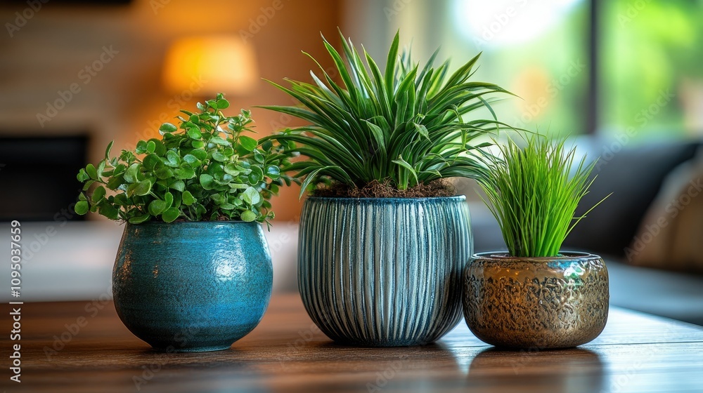 Three decorative potted plants arranged on a wooden table in a cozy setting. Three decorative potted plants arranged on a wooden table in a cozy setting.