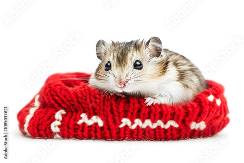 Pet hamster in a mini sweater, white background, soft focus. National Dress Up Your Pet Day. photo