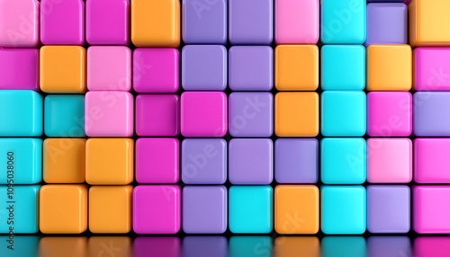 Abstract fractal designs. Vibrant 3D grids of colorful cubes in pink, purple, orange, and blue create playful and dynamic visual. arrangement showcases modern design aesthetic