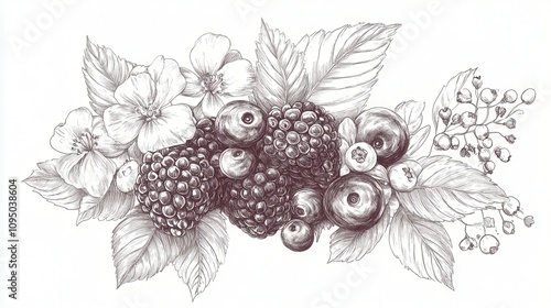 A detailed sketch of various berries and flowers, showcasing nature's beauty.