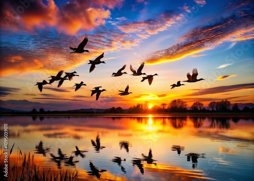 Wallpaper Mural Majestic Silhouette of Ducks in Flight Against a Stunning Sunset Sky Enhancing Nature's Beauty and Tranquility, Perfect for Wildlife and Landscape Photography Enthusiasts Torontodigital.ca