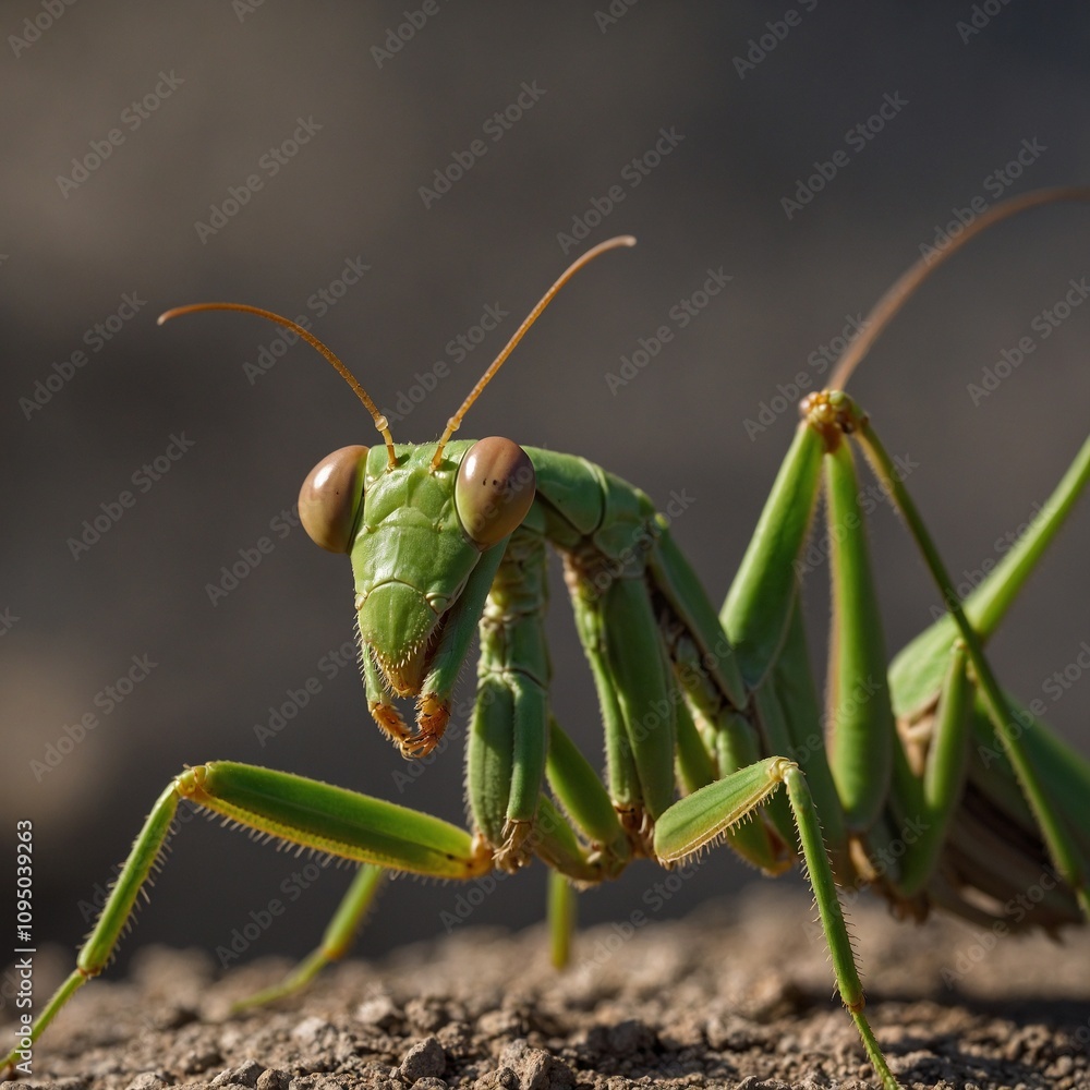 A praying mantis in a poised, alert stance.