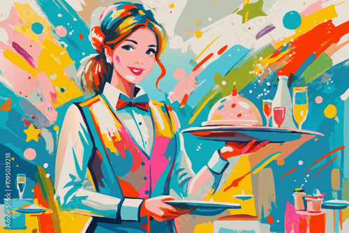 Vibrant Pop Art Style Waitress Serving Dish at Festive Event