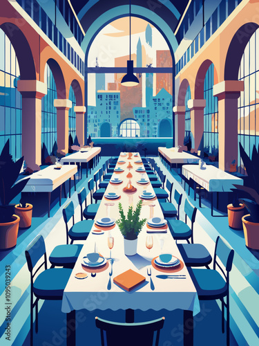 Elegant Dining Room Interior with City View Through Arched Windows