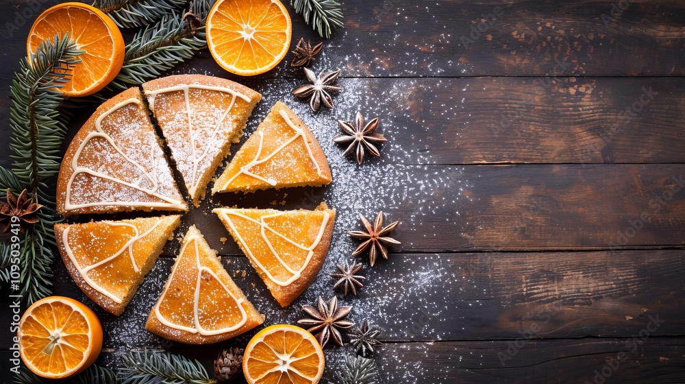 Festive New Year concept banner featuring a Christmas cake on a rustic wooden background banner empty space