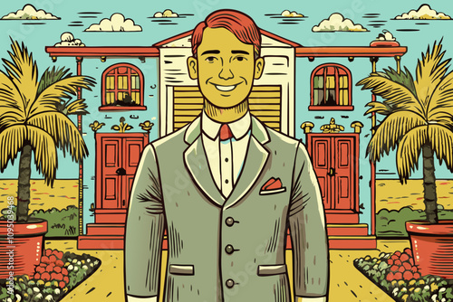 Tropical Estate Illustration with Smiling Gentleman in Foreground