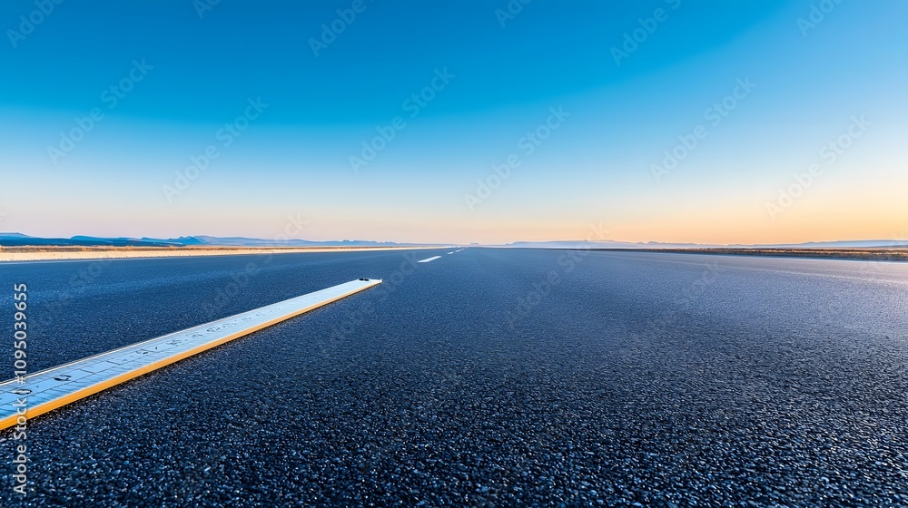 Fototapeta premium Expansive View of a Stretch of Empty Road Against a Clear Blue Sky, Perfect for Concepts of Journey, Travel, Direction, and Adventure in Nature