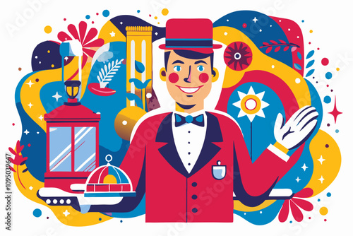 Colorful Vintage Circus Ringmaster Illustration with Playful Elements