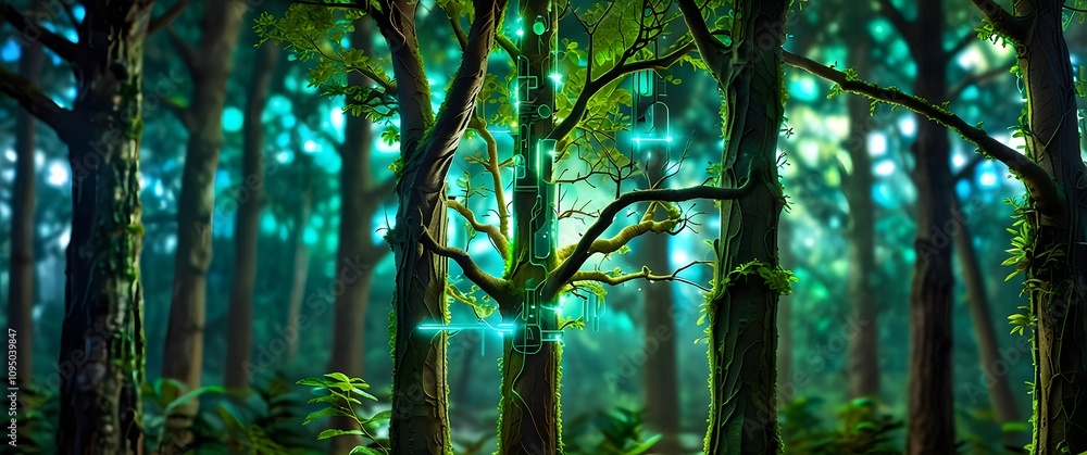 Obraz premium Ecofriendly Concept of a Lush Forest with Bio-Luminescent Elements Illustrating Nature's Harmony and Environmental Sustainability
