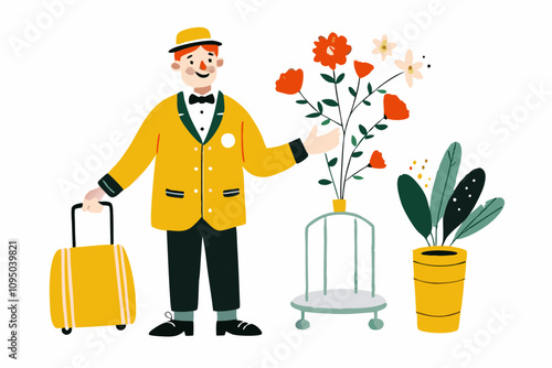 Bellhop with Luggage and Flowers Welcoming Guests Illustration