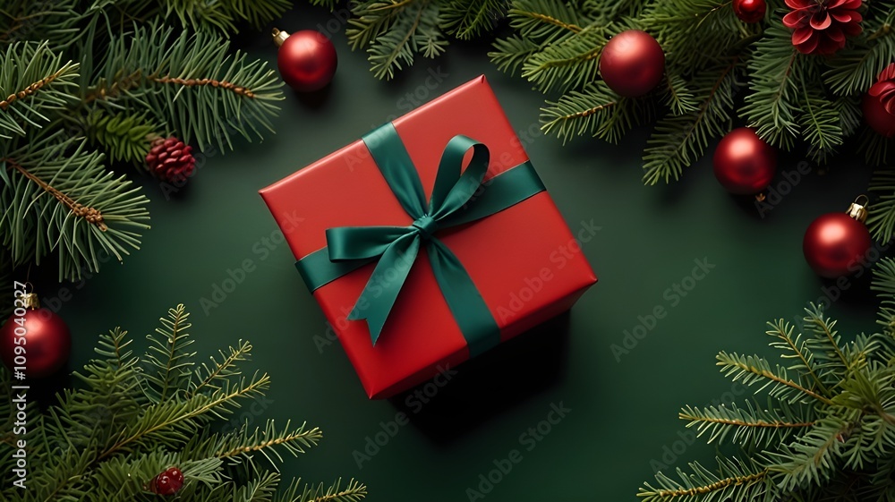 A striking top view of a bright red present box nestled in a verdant green natural setting, accented with sprigs of holly and subtle hints of winter decorations, capturing the essence of the holiday. A striking top view of a bright red present box nestled in a verdant green natural setting, accented with sprigs of holly and subtle hints of winter decorations, capturing the essence of the holiday.